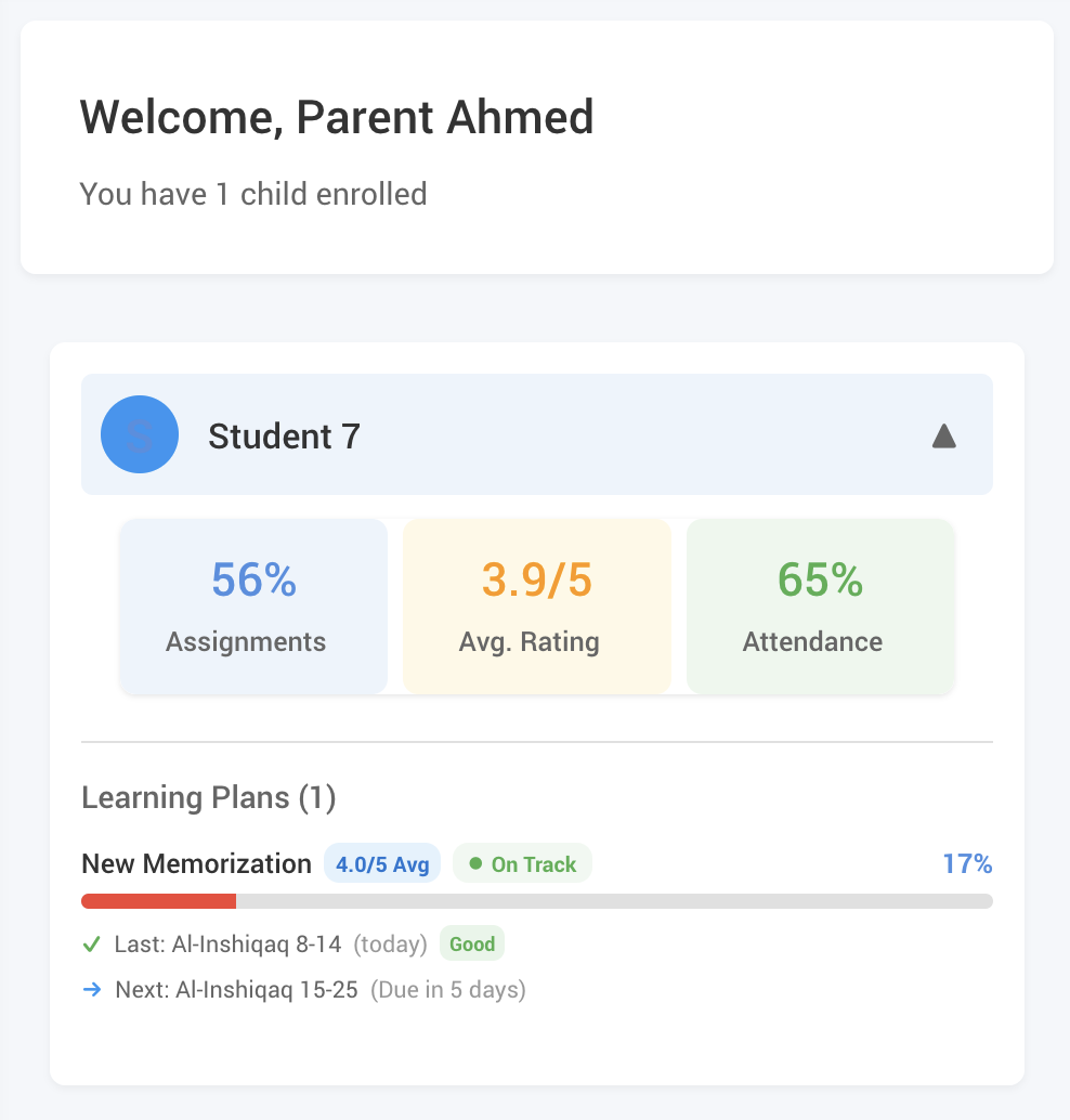 Parent portal showing plan status