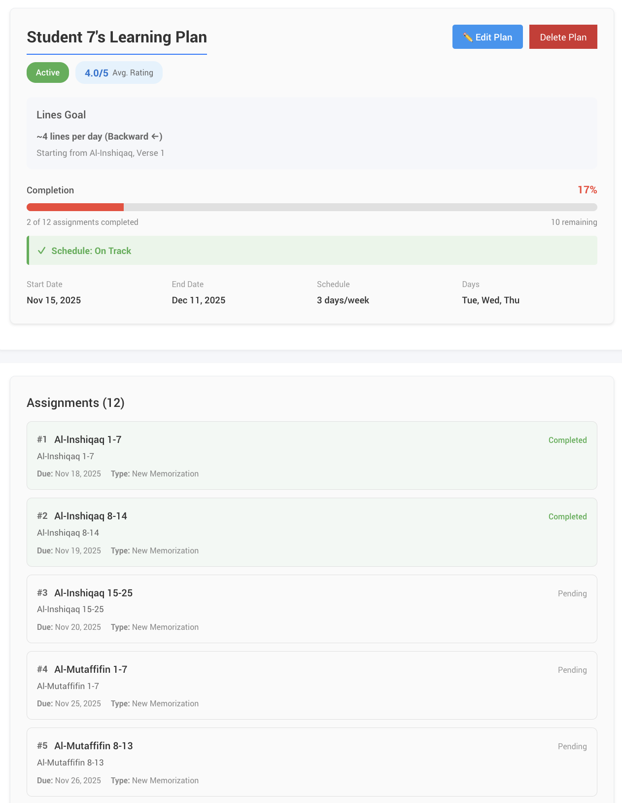 Teacher dashboard showing plan progress and assignments